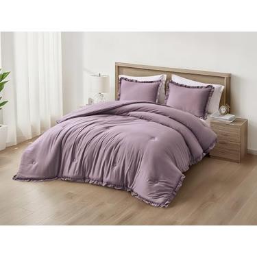 Imagem de Chezmoi Collection Conjunto de edredom Nora Mauve, tamanho casal, 3 peças, fofo, macio, lavado, babados, chique, para todas as estações