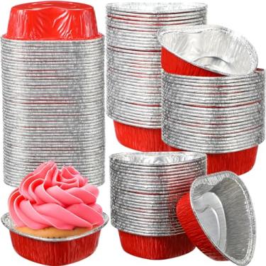 Imagem de Honeydak 100 formas de bolo em forma de coração para assar com tampas de 100 ml/170 g, copos de cupcake de folha de alumínio dos namorados, mini forros de bolo de coração, latas descartáveis para