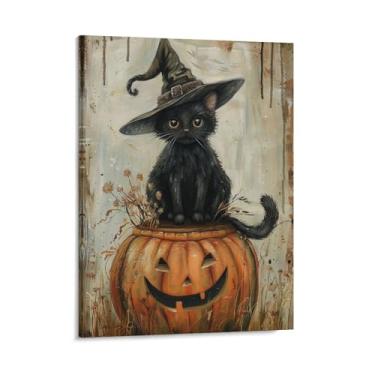 Imagem de HouLaiZhe Pôster de Halloween abóbora gato preto impressões de arte de parede decorações de Halloween decoração de parede estética gótica para sala de estar quarto 16 x 20 polegadas (40 x 50 cm)