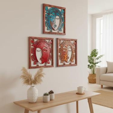 Imagem de 3 peças de arte de parede de metal boho, decoração de parede de rosto abstrato boêmio, decoração de parede moderna de rosto feminino, arte de parede abstrata em formato de rosto feminino, decoração de