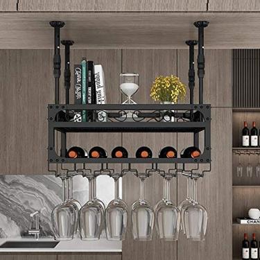 Imagem de APUM Rack de vinho suspenso com suporte de vidro e prateleira, suporte ajustável para copos de vinho, rack de vidro de metal de 2 camadas, suporte de garrafa de bar prateleira de vinho