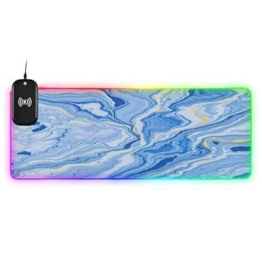 Imagem de CEBUGI Mouse pad de carregamento sem fio com textura de mármore azul 15W mouse pad rápido para jogos com 14 luzes LED RGB para jogos, MacBook, PC, laptop, mesa | 80 x 30 cm