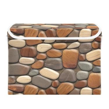 Imagem de Wassud Cestos de armazenamento com tampas de seixo marrom dobrável empilhável cestas de linho recipiente organizador de armário, 42 x 32 x 30 cm