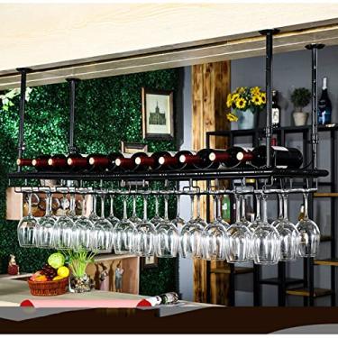 Imagem de APUM Suporte para pendurar para copos de vinho - Suporte de garrafa suspenso no teto, suporte de vinho vintage de ferro forjado para parede, decoração de casa de altura ajustável