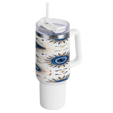 Imagem de Kigai Copo de olhos mágicos de 1,134 g com tampa e canudo, à prova de vazamento, copo isolado de aço inoxidável durável com alça, garrafas de água à prova de derramamento para viagens