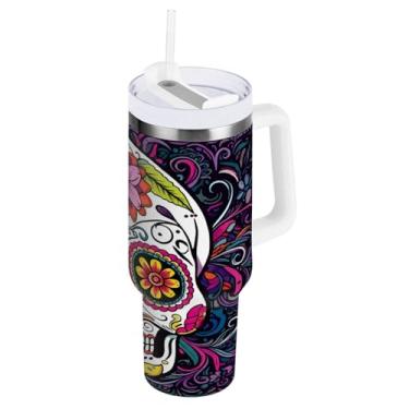 Imagem de Kigai Copo de 1,134 g com alça, copos coloridos com isolamento de caveira de açúcar com tampa e canudo, garrafa de água esportiva grande de metal, caneca de café de viagem de aço inoxidável