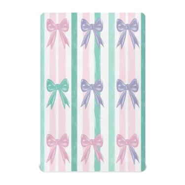 Imagem de STAYTOP Lençol de berço listrado com laço para meninos e meninas, lençol com elástico para berço padrão e colchão infantil, de microfibra supermacia, 99 x 69 x 12 cm