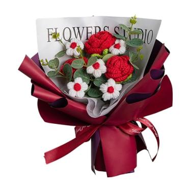 Imagem de Buquê de rosas de crochê | Flores artificiais eternas de rosas tricotadas, buquê de tecido à mão, flor de crochê de tricô para o dos pais, aniversário, casamento