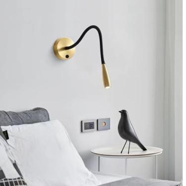 Imagem de Arandela de parede LED interna com haste flexível giratória 360°, interruptor, preta, estilo industrial, luminária de cabeceira moderna para leitura, luz branca quente 3000K, 3W, ideal para