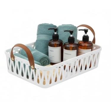 Imagem de Cesto Organizador Plástico Multiuso com Alças Emborrachadas, Cesto Resistente para Banheiro, Cozinha e Lavanderia, Design Moderno, 33 x 25 cm cor Bege Claro