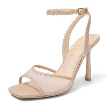 Imagem de Shoe'N Tale Sandálias de salto para mulheres, salto de malha, salto gatinho, fivela, bico quadrado, salto agulha, Malha nude, 38