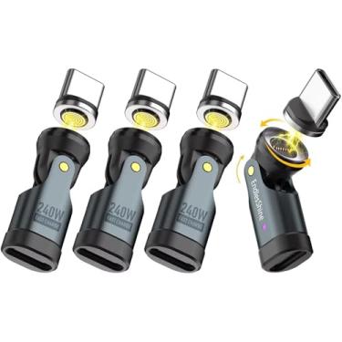 Imagem de EndlesShine Adaptador magnético USB C para C, pacote com 4, 9PIN PD 240W, cabo de carregamento USB 2.0, 90° tipo L, adaptador giratório de 180° e 360°, conexão suave, extensor de proteção de porta