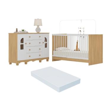 Imagem de Berço 3 Em 1 Com Colchão Incluso E Cômoda 2 Portas 4 Gavetas Aurora Multimóveis MP4774 Madeirado-branco