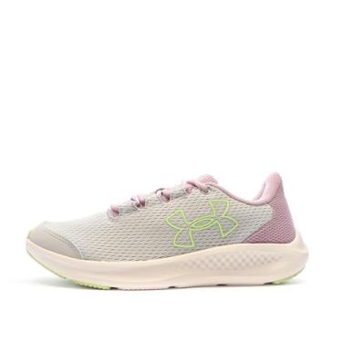 Imagem de Under Armour Tênis de corrida unissex com logotipo grande da School Pursuit 3, (100) Cinza Halo/Orquídea Fresca/Lumos Limão, 6 Big Kid