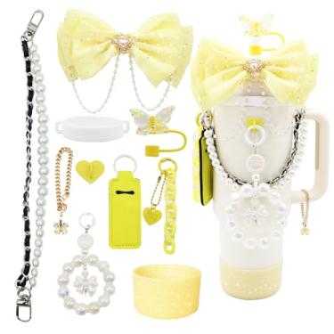 Imagem de Conjunto de acessórios de copo Bling Stanley para copo de 1,134 g e 850 g, incluindo topo de canudo de laço, decoração de arco de palha, alça de alça de garrafa de água de pérola, bota de silicone
