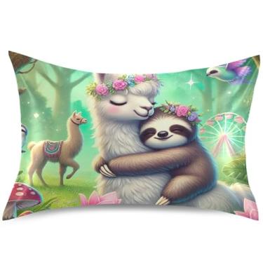 Imagem de Lindas capas de travesseiro de cetim floral com estampa de preguiça para resfriamento de cabelo, padrão King Queen, estampa artística macia, tamanho Queen, 76 cm x 50 cm