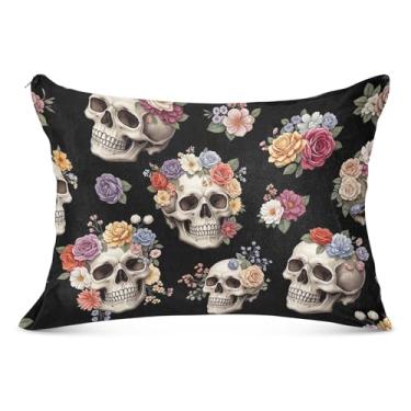 Imagem de Chic Skulls Florals Black Flanela Fronha Decorativa King Queen Padrão Fronhas Fofas Capas de Travesseiro Corporal, Tamanho Queen, 50,8 cm x 76,2 cm