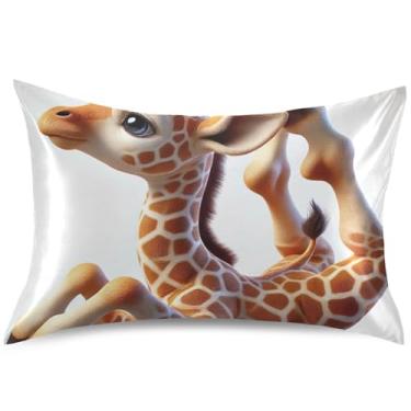 Imagem de Girafa Yoga Capas de almofada de cetim engraçadas para resfriamento de cabelo capas de travesseiro padrão animal queen king decoração de cama, tamanho Queen, 76 cm x 50 cm