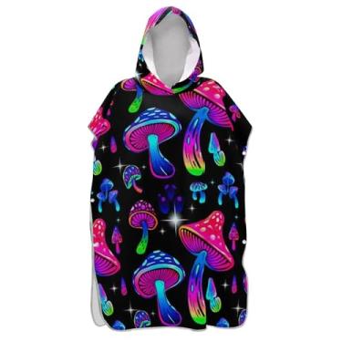 Imagem de TSENQUE Roupão de mudança de tamanho grande para adultos, poncho de surfe, toalha de banho com capuz, desenho animado, cogumelos, arco-íris, preto, homem, mulher, poncho com capuz