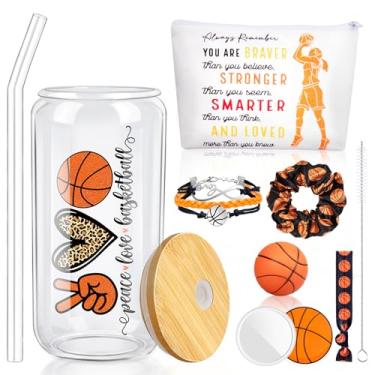 Imagem de Demonwer 7 peças de presentes de basquete para mulheres, copo de vidro inspirador, bolsa de maquiagem, pulseira elástica, faixa de suor, espelho, mini bola de estresse, acessórios de basquete