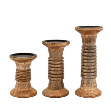 Imagem de Nirman Conjunto de 3 suportes de castiçal de madeira de manga para centros de mesa para casamento, Natal, festa, casa, spa, reiki, aromaterapia