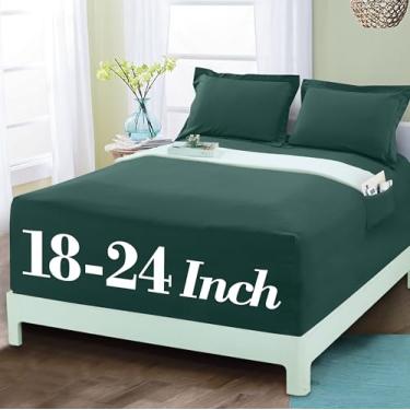 Imagem de Mocassi Lençol com elástico luxuoso 1800 de qualidade premium de hotel – Ultramacio, microfibra resistente a vincos, bolso extra profundo de 45 a 60 cm, lençol com elástico, Queen, verde floresta