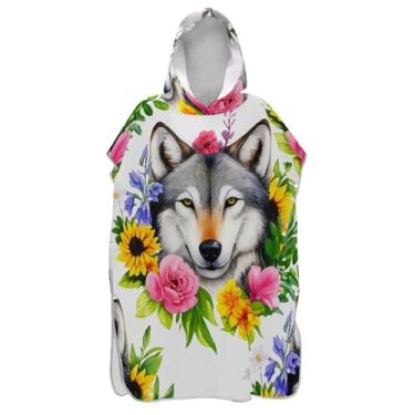 Imagem de Roupão vestível para adultos poncho de surfe com capuz toalha de natação bonito aquarela flores de lobo branco ponchos femininos com capuz