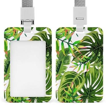 Imagem de Palmeiras verdes tropicais sem costura em suporte de crachá de identificação branco com cordão, suporte de cartão de plástico com clipe de pressão removível para estudante, professor, enfermeira