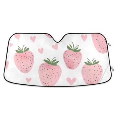 Imagem de Toldo de sol branco morango rosa fofo para para-brisa de carro bonito personalizado retrátil caminhão carro janela persianas para-brisa frontal P, 134,6 cm x 59,7 cm