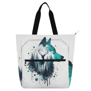 Imagem de GAIGEO Sacola com estampa de arte animal de veado lobo para crianças, mulheres, escola, trabalho, viagem, bolsa de livros personalizada, compartimento com zíper