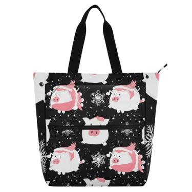 Imagem de GAIGEO White Piglets Snowflakes Bolsa de ombro preta para crianças, mulheres, com zíper, lona, trabalho, escola, bolsa de ombro