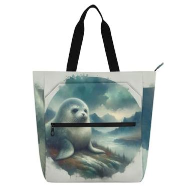 Imagem de GAIGEO Linda bolsa de trabalho feminina com selo de aquarela, lona, praia, livro, bolsa com zíper, bolsas para professores com compartimentos