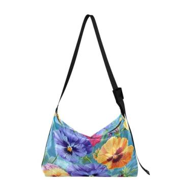 Imagem de GAIGEO Bolsa transversal de couro amores-perfeitos e flores em aquarela, bolsa transversal de couro com alça larga de couro, bolsa tiracolo masculina, Amores-perfeitos em azul - 6, One Size