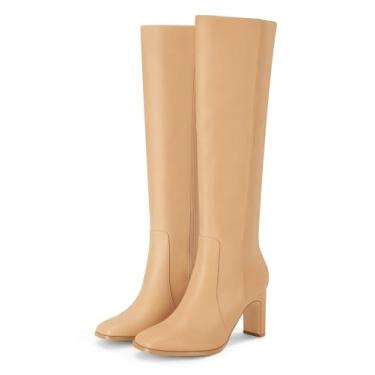 Imagem de Coutgo Botas Femininas De Bico Quadrado, Cano Alto, Salto Largo, Grosso, Sapatos Elegantes Inverno Com Zíper Lateral, Marrom Claro, Tamanho 8