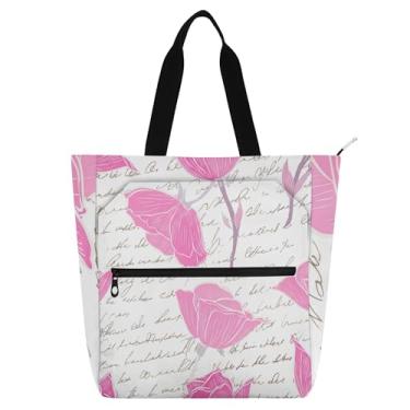 Imagem de Sacola infantil de flores rosa com letras brancas com zíper, bolsa escolar reutilizável para trabalho floral para mulheres e meninas