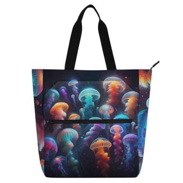 Imagem de GAIGEO Neon Jellyfish Sacolas femininas coloridas para trabalho, lona, faculdade, escola, bolsas de tecido com compartimentos