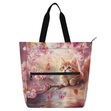 Imagem de Sacola feminina fofa de flor de cerejeira rosa para trabalho, lona, praia, livros, zíper, bolsas para professores, presente para amantes de livros