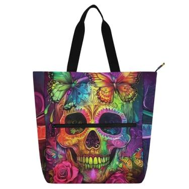 Imagem de GAIGEO Sacola colorida de caveira e borboletas para mulheres, crianças, adolescentes com zíper, para amantes de livros, escola, trabalho, estampa floral, bolsa utilitária