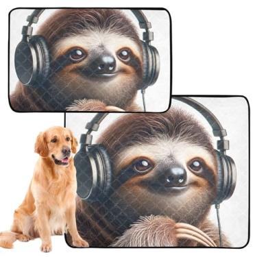Imagem de Cute Sloth Music Almofadas de xixi laváveis para cães, almofada reutilizável para gatos, à prova d'água, tapete de cercadinho à prova de vazamento para cães, médio + grande, conjunto de 2