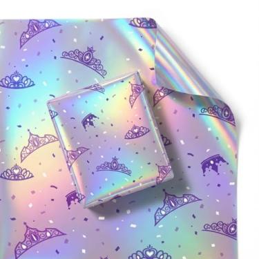 Imagem de Cheerland Rolo de embrulho de princesa, tiara para presente, coroa iridescente, folha holográfica, para aniversário, chá de bebê, dia dos namorados, dia de galentina, quinze anos, decoração de festa