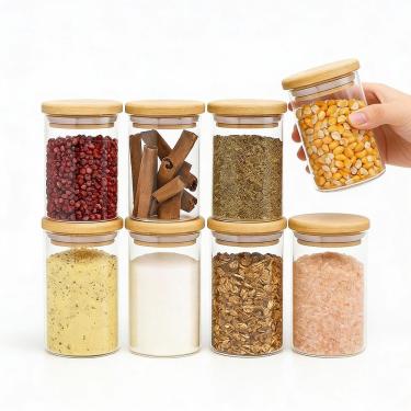 Imagem de Kit 8 potes de vidro 250ml herméticos com tampa de bambu - Tud