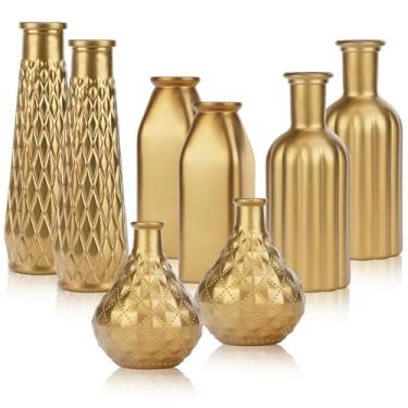 Imagem de Conjunto de 8 vasos dourados de vidro com padrão de onda de diamante, várias alturas (12,5 a 22 cm) para centro de mesa e decoração de casa