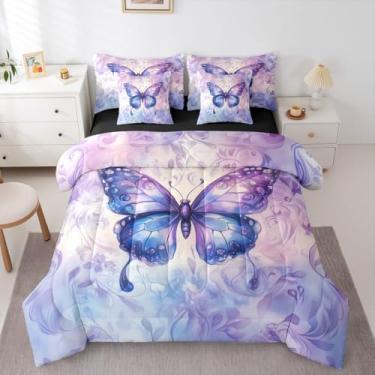 Imagem de Erosebridal Jogo de cama queen com borboleta, roxo, azul, borboleta, para quarto de adolescentes, crianças, boêmio, lençol botânico, rústico, casa de fazenda, macio e quente
