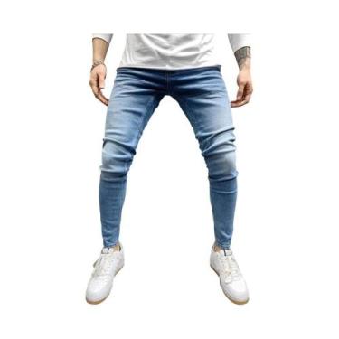 Imagem de Calças Jeans Slim Fit Masculinas Em Preto E Azul, Cor Pura, Estilo Cas