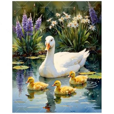 Imagem de Kit de pintura de animais por números para adultos – Pato branco DIY e patinhos com flores em tela, conjunto de tinta acrílica, adequado para iniciantes, arte para decoração de casa ou presentes (20 x