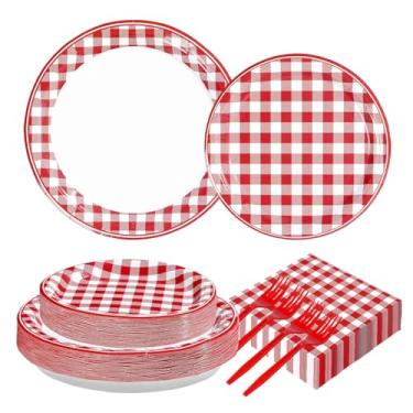Imagem de Grencian 200 peças de artigos de festa de guingão vermelho e branco, pratos xadrez xadrez xadrez e guardanapos, utensílios de mesa descartáveis para aniversário, piquenique, churrasco, chá de bebê