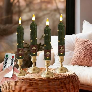 Imagem de XINAOBAOLUO Vela verde oliva sem chama de 16,5 cm com cordão de luz para janela com temporizador remoto, vela cônica operada por bateria, conjunto de 4 velas cônicas de LED