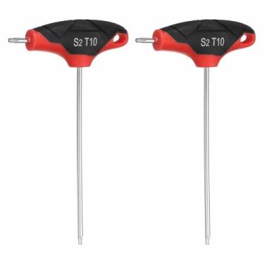 Imagem de HARFINGTON 2 peças de chave Torx com cabo em T T10 S2 chave em T de extremidade dupla de aço chave chave Torx chave sextavada ferramenta para manutenção doméstica automotiva, vermelho preto