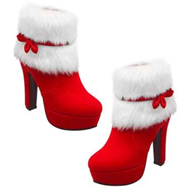 Imagem de Botas De Natal Sapatos De Pelúcia Botas De Brilho Vermelho Botins De Natal Botas De Tornozelo Botas Vermelhas Saltos Vermelhos De Natal Peludo Mini Vestido Artificial Mulheres