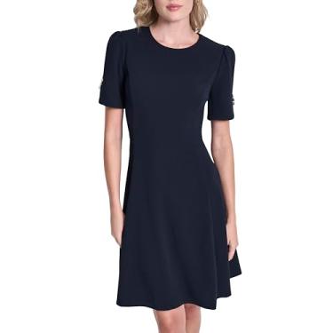 Imagem de DKNY Vestido feminino com botões de manga curta e flare, azul-marinho, 6